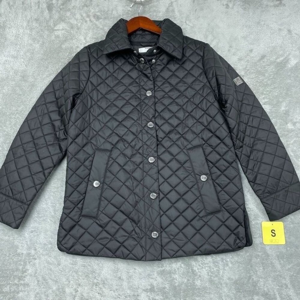 Anne Klein Quilted Black Coat Size Small Button-Up Lightweight Jacket d0449